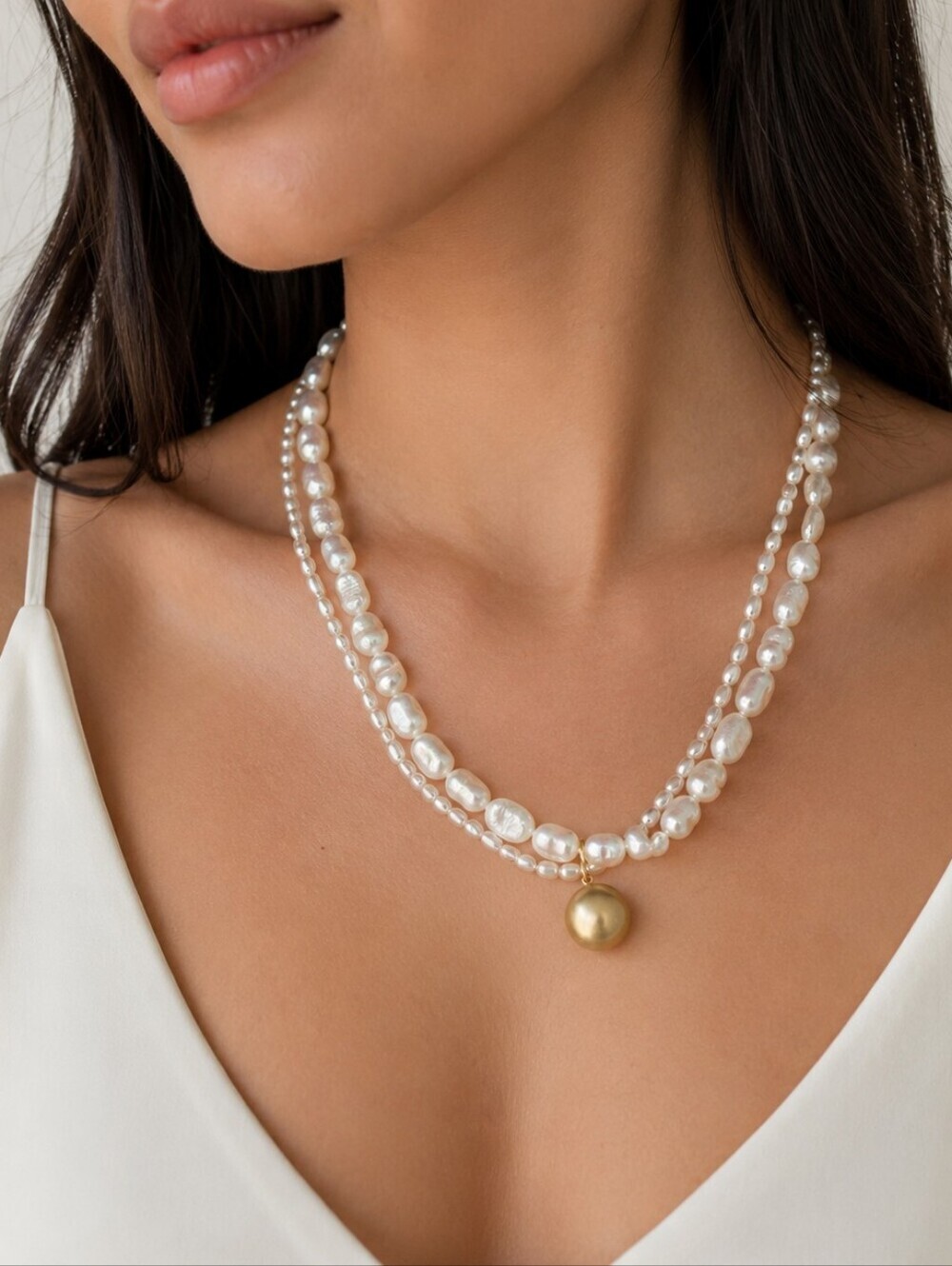 NEW Freshwater Pearl Layered Necklace with Gold Pendant Formal Party Wedding